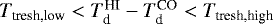 Mathematical equation: $T_{\textrm{tresh,low}}<T_{\textrm{d}}^{\textrm{HI}}-T_{\textrm{d}}^{\textrm{CO}}<T_{\textrm{tresh,high}}$
