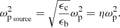 Mathematical equation: $$ \begin{aligned} \omega _{\rm p\,_{\rm source}}^2=\sqrt{\frac{\epsilon _{\rm c}}{\epsilon _{\rm b}}}\omega _{\rm p}^2=\eta \omega _{\rm p}^2 .\end{aligned} $$