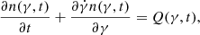 Mathematical equation: $$ \begin{aligned} \frac{\partial n(\gamma ,t)}{\partial t}+\frac{\partial \dot{\gamma } n(\gamma ,t)}{\partial \gamma }=Q(\gamma ,t), \end{aligned} $$