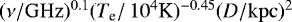 Mathematical equation: $(\nu/\mathrm{GHz})^{0.1} (T_{\textrm{e}}/\,10^4\textrm{K})^{-0.45} (D/\mathrm{kpc})^2$