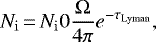 Mathematical equation: \begin{equation*} N_{\mathrm{i}}\,{=}\,N_{\mathrm{i}}0\frac{\Omega}{4\pi}e^{-\tau_{\textrm{Lyman}}},\vspace*{-4pt} \end{equation*}