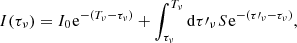 Mathematical equation: $$ I({\tau _\nu }) = {I_0}{\mkern 1mu} {{\rm{e}}^{ - ({T_\nu } - {\tau _\nu })}} + \int_{{\tau _\nu }}^{{T_\nu }} {\rm{d}} \tau {\prime _\nu }{\mkern 1mu} S{\mkern 1mu} {{\rm{e}}^{ - (\tau {\prime _\nu } - {\tau _\nu })}}, $$