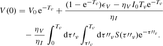 Mathematical equation: $$ \begin{aligned} V(0)&= V_0 \, \mathrm{e}^{-T_{\nu }} + \frac{(1-\mathrm{e}^{-T_{\nu }})\epsilon _V -\eta _V I_0 T_{\nu } \mathrm{e}^{-T_{\nu }}}{\eta _I} \nonumber \\&\quad -\frac{\eta _V }{\eta _I}\int ^{T_{\nu }}_0\mathrm d\tau \prime _{\nu } \int ^{T_{\nu }}_{\tau \prime _\nu } \mathrm d \tau {\prime \prime }_{\nu } S(\tau {\prime \prime }_{\nu }) \mathrm{e}^{-\tau {\prime \prime }_{\nu }}. \end{aligned} $$