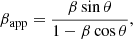 Mathematical equation: $$ \begin{aligned} \beta _{\rm app}=\frac{\beta \sin \theta }{1-\beta \cos \theta }, \end{aligned} $$
