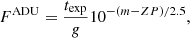 Mathematical equation: $$ \begin{aligned} F^\mathrm{ADU} = \frac{t_{\rm exp}}{{g}} 10^{-\left(m - {ZP}\right)/2.5}, \end{aligned} $$