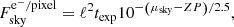 Mathematical equation: $$ \begin{aligned} F_{\rm sky}^{\mathrm{e^{-}/pixel}} = \ell ^2 t_{\rm exp} 10^{-\left(\mu _{\rm sky} - {ZP}\right)/2.5}, \end{aligned} $$
