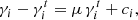 Mathematical equation: $$ \begin{aligned} \gamma _i-\gamma _i^{t}=\mu \, \gamma _i^{t}+c_i, \end{aligned} $$