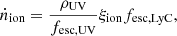 Mathematical equation: $$ \begin{aligned} \dot{n}_{\rm ion} = \frac{\rho _{\mathrm{UV}}}{f_{\rm esc,UV}} \xi _{\rm ion} f_{\rm esc,LyC}, \end{aligned} $$