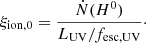 Mathematical equation: $$ \begin{aligned} \xi _{\rm ion,0} = \frac{\dot{N}(H^{0})}{L_{\rm UV}/f_{\rm esc,UV}}\cdot \end{aligned} $$