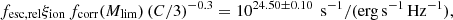 Mathematical equation: $$ \begin{aligned} f_{\mathrm{esc,rel}} \xi _{\rm ion} \, f_{\mathrm{corr}}(M_{\rm lim}) \, (C/3)^{-0.3} = 10^{24.50\pm 0.10}\, {{\text{ s}}^{-1}}/\mathrm{{(erg\,s^{-1}}}\,\mathrm{{Hz^{-1}}}), \end{aligned} $$