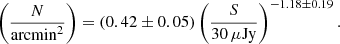 Mathematical equation: $$ \left(\frac{N}{\mathrm{arcmin}^2}\right)=\left(0.42\pm 0.05\right)\left(\frac{S}{30\,\mu \mathrm{Jy}}\right)^{-1.18 \pm 0.19}. $$
