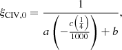 Mathematical equation: $$ \begin{aligned} \xi _\mathrm{CIV,0} = \frac{1}{a \left(- \frac{c\left(\frac{1}{4}\right)}{1000} \right) + b} , \end{aligned} $$