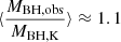 Mathematical equation: $ \langle \frac{M_{\mathrm{BH,obs}}}{M_{\mathrm{BH,K}}}\rangle\approx 1.1 $