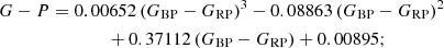 Mathematical equation: $$ \begin{aligned} G - P&= 0.00652 \, (G_{\mathrm{BP} } - G_{\mathrm{RP} })^3 - 0.08863 \, (G_{\mathrm{BP} } - G_{\mathrm{RP} })^2 \nonumber \\&\qquad \qquad + 0.37112 \, (G_{\mathrm{BP} } - G_{\mathrm{RP} }) + 0.00895; \end{aligned} $$