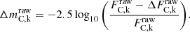Mathematical equation: $$ \begin{aligned} \mathrm \Delta m^\mathrm{raw}_{\rm C,k} = -2.5 \log _{10} \Bigg ( \frac{F^\mathrm{raw}_{\rm C,k} - \Delta F^\mathrm{raw}_{\rm C,k}}{F^\mathrm{raw}_{\rm C,k}} \Bigg ). \end{aligned} $$