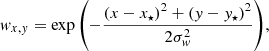 Mathematical equation: $$ \begin{aligned} { w}_{x,{ y}} = \exp { \left( -\frac{ \left( x - x_{\star } \right)^2 + \left( { y} - { y}_{\star } \right)^2}{2 \sigma ^2_{{ w}}} \right) }, \end{aligned} $$