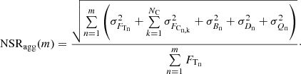 Mathematical equation: $$ \begin{aligned} \mathrm{NSR} _{\rm agg}(m) = \frac{ \sqrt{ \sum \limits _{n=1}^{m} \left( \sigma ^2_{F_{\rm T_{n}}} + \sum \limits _{k=1}^{N_{\rm C}} \sigma ^2_{F_{\rm C_{n,k}}} + \sigma ^2_{B_{\rm n}} + \sigma ^2_{D_{\rm n}} + \sigma ^2_{Q_{\rm n}} \right) } }{ \sum \limits _{n=1}^{m} F_{\rm T_{n}} }\cdot \end{aligned} $$