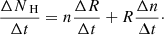 Mathematical equation: $$ \begin{aligned} \frac{\Delta N_\text{ H}}{\Delta t}=n\frac{\Delta R}{\Delta t}+R\frac{\Delta n}{\Delta t}\cdot \end{aligned} $$