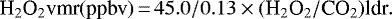 Mathematical equation: \begin{equation*} \textrm{H}_2\textrm{O}_2 \textrm{vmr} (\textrm{ppbv})\,{=}\,45.0/0.13 \times (\textrm{H}_2\textrm{O}_2/\textrm{CO}_2) \textrm{ldr}. \end{equation*}