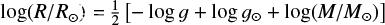Mathematical equation: $\log (R/R_{\odot}) = \frac{1}{2} \left[- \log g + \log g_{\odot} + \log(M/M_{\odot})\right]$
