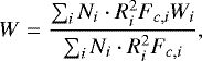 Mathematical equation: \begin{align*}W &= \frac{\sum_i N_i \cdot R_i^2 F_{c,i} W_i}{\sum_i N_i \cdot R_i^2 F_{c,i}}, \end{align*}