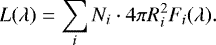 Mathematical equation: \begin{align*}L(\lambda) &= \sum_i N_i \cdot 4\pi R_i^2 F_i(\lambda). \end{align*}