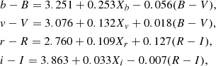 Mathematical equation: $$ \begin{aligned}&b-B = 3.251 + 0.253 X_b - 0.056 (B-V),\\&v-V = 3.076 + 0.132 X_v + 0.018 (B-V),\\&r-R = 2.760 + 0.109 X_r + 0.127 (R-I),\\&i-I = 3.863 + 0.033 X_i -0.007 (R-I), \end{aligned} $$