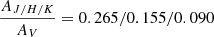 Mathematical equation: $ \frac{A_{J/H/K}}{A_V} = 0.265/0.155/0.090 $