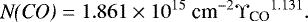 Mathematical equation: \begin{equation*} \textit{N(\textrm{CO})} = 1.861\times 10^{15}{~\textrm{cm}^{-2}} {{\Upsilon_{\textrm{CO}}}}^{1.131}.\end{equation*}