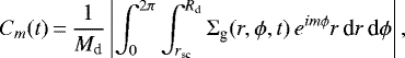 Mathematical equation: \begin{equation*} C_{m} (t) \,{=}\, {1 \over M_{\textrm{d}}} \left| \int_0^{2 \pi} \int_{r_{\textrm{sc}}}^{R_{\textrm{d}}} \Sigma_{\textrm{g}}(r,\phi,t) \, e^{im\phi} r \, \textrm{d}r\, \textrm{d}\phi \right|,\end{equation*}