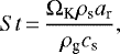 Mathematical equation: \begin{equation*} { St}\,{=}\,\frac{\Omega_{\textrm{K}}\rho_{\textrm{s}} a_{\textrm{r}}}{\rho_{\textrm{g}}c_{\textrm{s}}},\end{equation*}