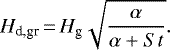 Mathematical equation: \begin{equation*} H_{\textrm{d,gr}}\,{=}\,H_{\textrm{g}} \sqrt{{\alpha \over \alpha+St}}.\end{equation*}