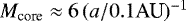 Mathematical equation: $M_{\textrm{core}}\approx6\,(a/0.1 \textrm{AU})^{-1}$