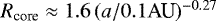 Mathematical equation: $R_{\textrm{core}}\approx1.6\,(a/0.1 \textrm{AU})^{-0.27}$