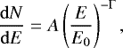 Mathematical equation: \begin{equation*}\frac{\mathrm{d}N}{\mathrm{d}E} = A \left(\frac{E}{E_0}\right)^{-\Gamma}, \end{equation*}