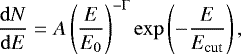 Mathematical equation: \begin{equation*}\frac{\mathrm{d}N}{\mathrm{d}E} = A \left(\frac{E}{E_0}\right)^{-\Gamma} \exp\left(-\frac{E}{E_{\textrm{cut}}}\right),\vspace*{-2pt} \end{equation*}