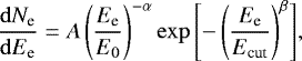 Mathematical equation: \begin{equation*}\frac{\mathrm{d}N_{\textrm{e}}}{\mathrm{d}E_{\textrm{e}}} = A \left(\frac{E_{\textrm{e}}}{E_0}\right)^{-\alpha} \exp{\left[-\left(\frac{E_{\textrm{e}}}{E_{\textrm{cut}}}\right)^{\beta}\right]}, \end{equation*}