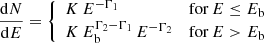 Mathematical equation: $$ \begin{aligned} \frac{\mathrm{d}N}{\mathrm{d}E}&=\left\{ \begin{array}{ll} K\,E^{-\Gamma _1}&\mathrm{for } \,E\le E_\mathrm{b} \\ K\,E_\mathrm{b} ^{\Gamma _2-\Gamma _1}\,E^{-\Gamma _2}&\mathrm{for } \,E>E_\mathrm{b} \\ \end{array} \right. \end{aligned} $$