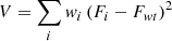 Mathematical equation: $$ \begin{aligned} V = \sum _{i} { w}_i\,(F_i-F_{{ w}t})^2 \end{aligned} $$