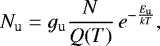 Mathematical equation: \begin{equation*}N_{\textrm{u}} = g_{\textrm{u}} \frac{N}{Q(T)} \, e^{-\frac{E_{\textrm{u}}}{k T}}, \end{equation*}