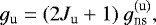 Mathematical equation: \begin{equation*}g_{\textrm{u}}=(2J_{\textrm{u}}+1) ~ g_{\textrm{ns}}^{(\textrm{u})}, \end{equation*}