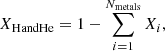 Mathematical equation: $$ \begin{aligned} X_{\rm H and He} = 1-\sum _{i=1}^{N_{\rm metals}}X_i , \end{aligned} $$