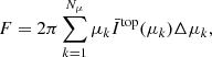 Mathematical equation: $$ \begin{aligned} F = 2\pi \sum _{k=1}^{N_\mu } \mu _k \bar{I}^\mathrm{top}(\mu _k)\Delta \mu _k, \end{aligned} $$