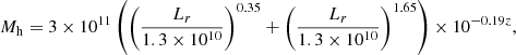 Mathematical equation: $$ \begin{aligned} M_{\rm h}=3\times 10^{11}\left(\left(\frac{L_r}{1.3\times 10^{10}} \right)^{0.35}+ \left(\frac{L_r}{1.3\times 10^{10}} \right)^{1.65}\right)\times 10^{-0.19z} ,\end{aligned} $$