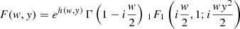 Mathematical equation: $$ \begin{aligned} F({ w},{ y}) = e^{h({ w},{ y})}\,\Gamma \left(1-i\frac{{ w}}{2}\right)\, _1F_1\left( i\frac{{ w}}{2},1;i\frac{{ wy}^2}{2} \right) \end{aligned} $$