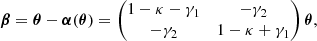 Mathematical equation: $$ \begin{aligned} \boldsymbol{\beta }= \boldsymbol{\theta } - \boldsymbol{\alpha }(\boldsymbol{\theta }) = \begin{pmatrix} 1-\kappa -\gamma _1&-\gamma _2 \\ -\gamma _2&1-\kappa +\gamma _1 \end{pmatrix} \boldsymbol{\theta }, \end{aligned} $$