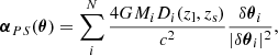 Mathematical equation: $$ \begin{aligned} \boldsymbol{\alpha }_{PS}(\boldsymbol{\theta })=\sum _i^N\frac{4GM_iD_i(z_{\rm l},z_{\rm s})}{c^2}\frac{\delta \boldsymbol{\theta }_i}{|\delta \boldsymbol{\theta }_i|^2}, \end{aligned} $$