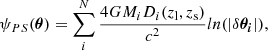 Mathematical equation: $$ \begin{aligned} \psi _{PS}(\boldsymbol{\theta })=\sum _i^N\frac{4GM_iD_i(z_{\rm l},z_{\rm s})}{c^2}ln(|\delta \boldsymbol{\theta _i}|), \end{aligned} $$