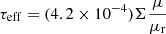 Mathematical equation: $$ \begin{aligned} \tau _{\rm eff}=(4.2\times 10^{-4})\Sigma \frac{\mu }{\mu _{\rm r}} \end{aligned} $$