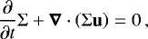 Mathematical equation: \begin{equation*}\frac{\partial}{\partial {t}}\Sigma + {\bm{{\nabla}}} \cdot \left(\Sigma \bm{\mathrm{u}} \right) = 0\,, \end{equation*}
